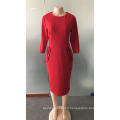 Slim Red Lantern Sleeve Slit Wrap Pocket with Zipper Lady Career Dress